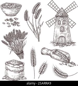 Handgezogener Weizen. Skizzieren Sie einen Beutel mit Körnern, Windmühle, Ohrstöpsel und Samen. Müsli Vintage Stil Vektor Illustration Set. Natürliche organische Produkte zur Herstellung, Herstellung von Mehl, isolierten Elementen. Handgezogener Weizen. Skizzieren Sie einen Beutel mit Körnern, Windmühle, Ohrstöpsel und Samen. Müsli Vintage Stil Vektor Illustration Set Stock Vektor