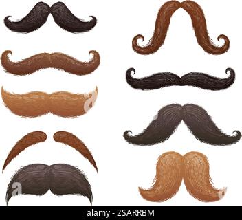 Verschiedene altmodische Schnurrbärte. Klassische Schnurrbart-Formen für Hipster-Männer und Gentleman-Friseur. Maske Zubehör Vektor Illustration Set. Männliche gefälschte Elemente zum Foto oder zur Verkleidung. Verschiedene altmodische Schnurrbärte. Klassische Schnurrbart-Formen für Hipster-Männer und Gentleman-Friseur. Maske Zubehör Vektor Illustration Set Stock Vektor