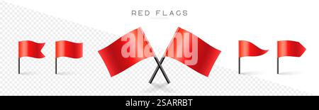 Red-Flag-Vektorsatz. Kartenmarken für gps-Punkt. Konzept von Zeiger, Tag und wichtiges Zeichen. Sammlung von 3D-Symbolen auf transparentem Hintergrund isoliert Stock Vektor