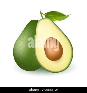 Vektor realistische frisches Obst avocado auf weißem Hintergrund. Ganze und halbe Avocado mit Pit Schnitt Stock Vektor