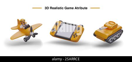 Satz realistischer Spielattribute. Gelbes Vintage-Flugzeug mit Pilot, Spielkonsole, Tank. Vorlage für das Design von Spieleseite, App, Werbekonzept. Isolierte Vektorillustration auf weißem Hintergrund. Satz realistischer Spielattribute. Gelbes Vintage-Flugzeug mit Pilot, Spielkonsole, Tank Stock Vektor
