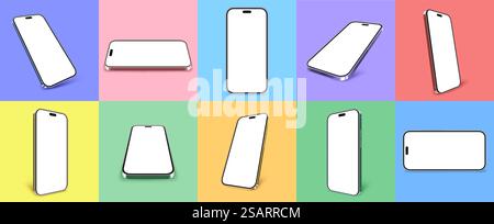 Smartphone-Modelle. Realistische 3D-Handyrahmen mit Schatten, isolierte Farbe Handy-Gerät auf buntem Hintergrund Vektor-Branding-Vorlage Set. Minimalistisches Gadget-Design mit leerem Display. Smartphone-Modelle. Realistische 3D-Handyrahmen mit Schatten, isolierte Farbe Handy-Gerät auf buntem Hintergrund Vektor-Branding-Vorlage Set Stock Vektor