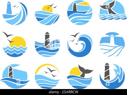 Meeresemblem. Meereswellen mit Möwen, Leuchtturmsymbol und Walschwanz Silhouette Vektor Illustration Set. Fließendes Wasser mit welliger Oberfläche, Sonnenaufgang. Logokollektion für aquatische Umwelt. Meeresemblem. Meereswellen mit Möwen, Leuchtturmsymbol und Walschwanz Silhouette Vektor Illustration Set Stock Vektor