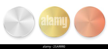 Logokollektion mit Medaillen. Set mit glänzenden runden Auszeichnungen in Metallic-Farben in Gold, Silber und Bronze. Luxuriöse Rahmen, Dekorationsembleme. Isolierte abstrakte grafische Designvorlage Stock Vektor