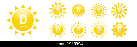 Vitamin D Symbole Set mit Sonne. Vektor-D3-Zeichen. Abbildung der flachen Designelemente EPS10 Stock Vektor