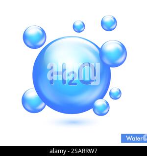 Wasser H2O blau glänzendes Molekül. Pille Capcule Icon. Tropfen chemischer Substanzen. Medikamente für Gesundheitsanzeigen. Vektorabbildung Stock Vektor
