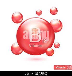 Vitamin B12-Symbol. Cobalamin-Vitamin-Tropfpille. Strahlender Tropfen. Schönheitsbehandlung Ernährung Hautpflege. Vektorabbildung Stock Vektor