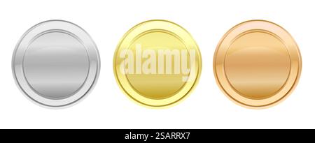 Logokollektion mit Medaillen. Set aus glänzenden runden Auszeichnungen oder Münzen in Metallic-Farben in Gold, Silber und Bronze. Luxuriöse Rahmen, Dekorationsembleme. Isolierte abstrakte grafische Designvorlage Stock Vektor