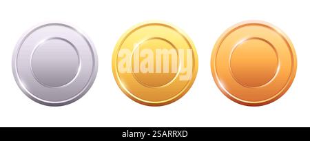 Logokollektion mit Medaillen. Set mit glänzenden runden Auszeichnungen in Metallic-Farben in Gold, Silber und Bronze. Luxuriöse Rahmen, Dekorationsembleme. Isolierte abstrakte grafische Designvorlage Stock Vektor