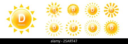 Vitamin D Icon Set mit Sonne. Vektor-D3-Zeichen Abbildung EPS10 Stock Vektor