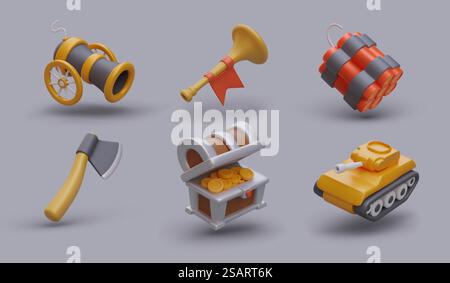 Set mit 3D-Spielabbildungen im Cartoon-Stil. Radkanone, rotes Flaggenhorn, Dynamit, Axt, Münzkiste, Tank. Farbvektorbild mit Schatten. Vorlage für Online-Spiele. Set mit 3D-Spielabbildungen im Cartoon-Stil. Radkanone, Flaggenhorn, Dynamit, Axt, Brust, Tank Stock Vektor