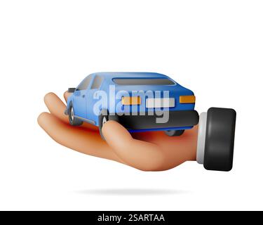 3D Blue Car Oldtimer-Modell in der Hand. Rendern Sie Ein Helles, Realistisches Auto. Klassische Limousine. Spielzeugautomat Aus Kunststoff. Werbung für Fahrschule Carsharing und Reparaturservice. Illustration Des Zeichentrickvektors. 3D Blue Car Oldtimer-Modell in der Hand Stock Vektor
