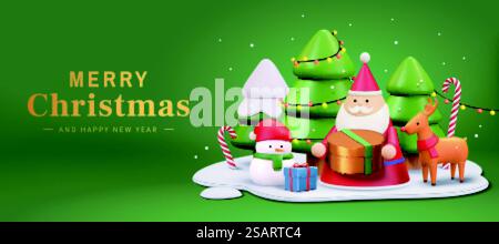 3. Frohe Weihnachten und Happy New Year Banner. Der Weihnachtsmann hält eine Geschenkbox und steht in einem verschneiten Wald mit niedlichen Schneemännern und Rentieren. Frohe Weihnachten und Neujahrsbanner Stock Vektor