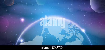 Weltraum- und Planetenhintergrund. Planeten tauchen mit Sternen und Wolken im dunklen Raum auf. Weltraumhimmel mit Planet und Satellit. Vektorabbildung Stock Vektor