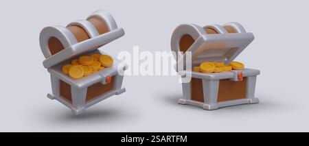 3D realistische Goldkiste in verschiedenen Positionen. Offene Schatzkiste gefüllt mit Goldmünzen. Piratenspiel-Konzept. Vektorabbildung im 3D-Stil. 3D realistische Goldkiste in verschiedenen Positionen. Offene Schatzkiste gefüllt mit Goldmünzen Stock Vektor