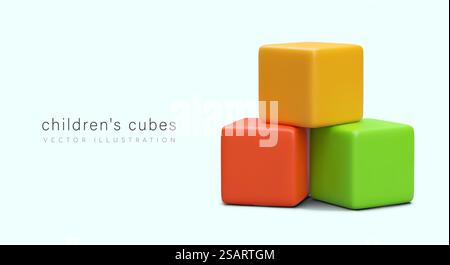 Untergeordnete mehrfarbige Würfel. Lernspielzeug. Untersuchung von Farben und Formen. Realistische Vektordarstellung. Konzept für Kinderatelier, Gruppen, Vorschulerziehungen. Untergeordnete mehrfarbige Würfel. Lernspielzeug. Untersuchung von Farben und Formen Stock Vektor