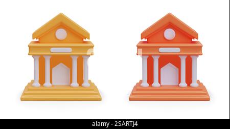 Set aus Modellen für den Gerichtsbau in Gelb und Orange. Justiz und Recht. Recht, Gerechtigkeit und Wahrheit vor Gericht. Vektorillustration mit weißem Hintergrund im 3D-Stil. Set aus Modellen für den Gerichtsbau in Gelb und Orange. Justiz und Recht Stock Vektor