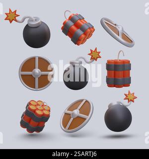 Modell einer realistischen Bombe mit brennender Sicherung und rotem Dynamit. Sprengwaffenkonzept. Realistische Sicherungen mit Sprengvorrichtung. Bomben für Online-Computerspiele. Vektorabbildung. Modell einer realistischen Bombe mit brennender Sicherung und rotem Dynamit Stock Vektor
