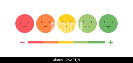 Emoticons Zur Kundenzufriedenheitsumfrage. Emotionale Symbole auf Qualitätsniveau, Bewertung. Business Indicators Konzept. Gehaltsstufen verschiedener Niveaus. Schlechte, normale, gute, ausgezeichnete Stimmung. Vektorabbildung Stock Vektor