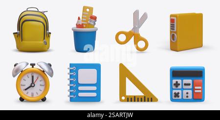 Satz von 3D-Schulobjekten, Vorderansicht. Farbige Schüler-Ikonen im Cartoon-Stil. Rucksack, Bleistiftbecher, Schere, Mappe, Wecker, Notizbuch, Quadrat, Taschenrechner. Isolierte Bilder. Satz von 3D-Schulobjekten, Vorderansicht. Farbige Schüler-Ikonen im Cartoon-Stil Stock Vektor