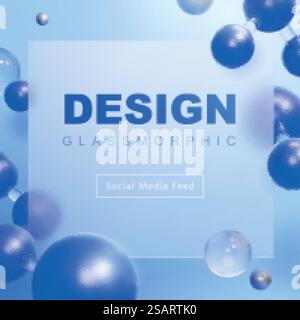 3D moderner Glasmorphismus Social Media Feed Template mit Molekülen und Glaskugeln. Geeignet für technische Startups oder Wissenschaftslabore. Vorlage für 3D-Moleküle in sozialen Medien Stock Vektor