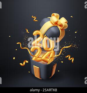 Offene 3D-Geschenkbox mit Nummernschild 2024 und fallendem Konfetti. Präsentationsbox Überraschen. Weihnachten. Neujahrsverkauf, Einkaufen. Geschenkbox mit Schleifenbändern. Geschenkbox für Feiertage. Vektorabbildung. Offene 3D-Geschenkbox mit Schild 2024 und Konfetti Stock Vektor