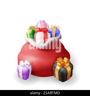 3D offener Weihnachtsmann-Sack voller Geschenkboxen isoliert. Rendering Red Cloth Bag für Geschenke. Frohe Neujahrsdekoration. Frohe Weihnachtsfeiertage. Neujahrsfeier. Realistische Vektordarstellung. Offener 3D-Weihnachtsmann-Sack voller Geschenkboxen Stock Vektor