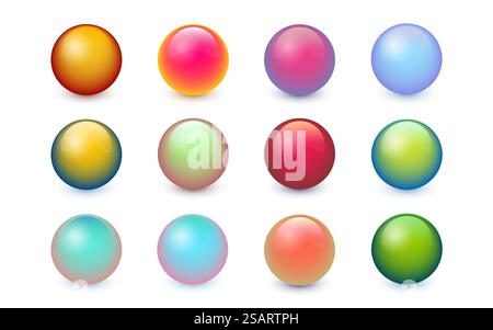 Set aus farbigen Kugeln mit Blitzen und Schatten auf weißem Hintergrund. Moderne Spheres Kollektion mit wunderschönem Farbverlauf. Vektorkugeln 3D-Illustration EPS10 Stock Vektor