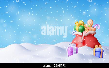 3D Open Santa Claus Sack voller Geschenke im Schnee. Rendering Red Cloth Bag für Geschenke. Frohe Neujahrsdekoration. Frohe Weihnachtsfeiertage. Neujahrsfeier. Realistische Vektordarstellung. 3D Open Santa Claus Sack voller Geschenke im Schnee Stock Vektor