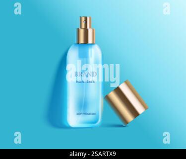 Gesichtstoner Modell, blaue Glassprühflasche mit goldener Kappe isoliert auf blauem Hintergrund in 3D-Illustration. Kosmetische 3D-Pumpflasche aus blauem Glas Stock Vektor