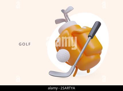 3D-Golfschläger, Ball. Spezieller Rucksack für Golfgegenstände. Zusammensetzung von beweglichen Elementen. Werbekonzept des luxuriösen Outdoor-Sports. Verkauf von Sportzubehör. 3D-Golfschläger, Ball. Spezieller Rucksack für Golfgegenstände. Zusammensetzung von beweglichen Elementen Stock Vektor
