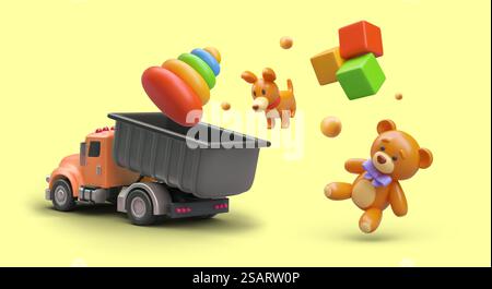 3D-Kipplaster streut Spielzeug. Kinderurlaubskonzept. Werbung für Spielwarenladen. Festliche Veranstaltung, Sonderangebot. Helles Vektorbanner. Vorlage auf gelbem Hintergrund. 3D-Kipplaster streut Spielzeug. Kinderurlaubskonzept. Werbung für Spielwarenladen Stock Vektor