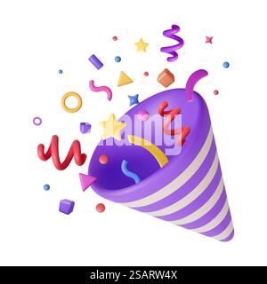 3D Party Popper mit Konfetti isoliert auf weiß. Render Plastilin-Konfetti-Kollektion. Bunte Feuerwerkselemente in verschiedenen Formen. Party, Überraschung oder Geburtstagsfeiern. Vektorabbildung. 3D Party Popper mit Konfetti Stock Vektor