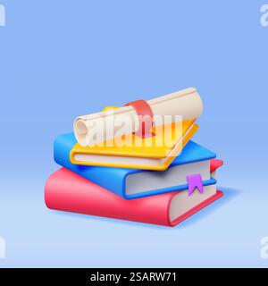 3D-Abschlussabschluss und Stapel von Büchern isoliert. Bildlauf und Lehrbuch für Abschlusszertifikate rendern. Bildungssymbol. Zurück zur Schule. Bildung, Abschlusszeremonie Konzept. Vektorabbildung. 3D-Abschlusszeugnis und Stapel Bücher Stock Vektor