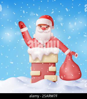 3D Santa Claus mit Tasche mit Geschenken im Haus Schornstein. Karte Mit „Happy New Year“-Dekoration. Froher Heiligabend. Neujahr und Weihnachtsfeier. Realistische Vektordarstellung. 3D Santa Claus mit Tasche im Hauskamin Stock Vektor