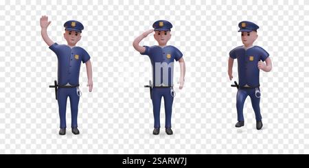 Sammlung von Polizisten in verschiedenen Positionen. Der Polizist hält die Hand nahe am Kopf und grüßt, grüßt andere und rennt. Justiz und Recht. Vektorabbildung. Sammlung von Polizisten in verschiedenen Positionen. Polizist Stock Vektor
