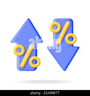 3D-Pfeil nach oben und unten, wobei Prozentsymbol isoliert ist. Symbol für Wachstum oder Erfolg darstellen. Umsatzsteigerung Auf Dem Geschäftsmarkt. Finanzposition, Geschäftsinvestition, Inflationsrate. Vektorabbildung. 3D-Pfeil nach oben und unten mit Prozentsymbol Stock Vektor