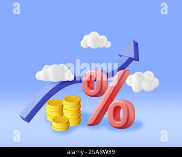 Pfeil für 3D-Wachstumskarte mit goldenen Münzen. Aktienpfeil mit Geld- und Prozentsymbol rendern. Finanzposition, Business Investment Financial Market Trade. Geld und Bankwesen. Vektorabbildung. Pfeil für 3D-Wachstumskarte mit goldenen Münzen. Stock Vektor