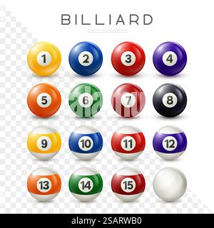 Billard, Billardbälle. Vektor-realistische Snooker-Ball-Kollektion mit Zahlen auf transparentem Hintergrund Stock Vektor