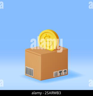3D-Karton mit Goldmünzen im Inneren isoliert. Kartonverpackung mit Bargeld öffnen. Spenden Sie Geld, Wohltätigkeit, Sparen Sie Geld. Fracht, Lieferung und Transport. Vektorabbildung. 3D-Karton mit Goldmünzen im Inneren Stock Vektor