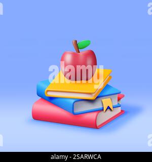3D Red Apple auf Stapel von Papierbüchern isoliert. Stapel Bücher mit Apple-Symbol rendern. Bildungs- oder Geschäftsliteratur. Lesen Von Bildung, Literatur, Enzyklopädie, Lehrbuch. Vektorabbildung. 3D Red Apple auf Stapel von Papierbüchern isoliert. Stock Vektor