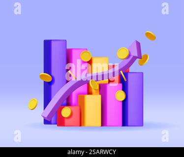 Pfeil für 3D-Wachstumskarte mit goldenen Münzen. „Stock Pfeil mit Geld rendern“ zeigt Wachstum oder Erfolg an. Finanzposition, Business Investment Financial Market Trade. Geld und Bankwesen. Vektorabbildung. Pfeil für 3D-Wachstumskarte mit goldenen Münzen Stock Vektor