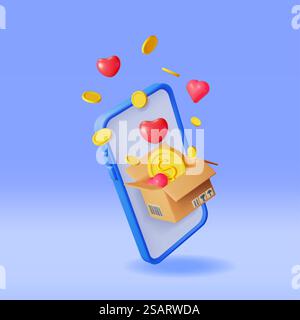 3D-Karton mit Goldmünzen und Herzen im Telefon. Smartphone- und Kartonpaket mit Bargeld. Spenden Sie Geld, Wohltätigkeit, Sparen Sie Geld. Spende per Mobiltelefon. Vektorabbildung. 3D-Box mit Goldmünzen und Herzen im Telefon Stock Vektor