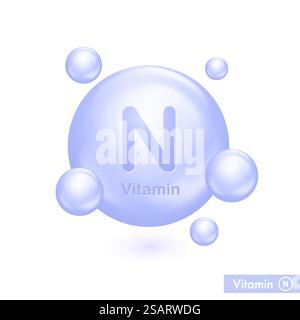Vitamin-N-Pille-Vektor-Illustration für die Gesundheitspflege. 3D-blaue abstrakte Blasen von Alpha-Liponsäure oder Thioctsäure. Hautpflege- und Schönheitskomplex Stock Vektor
