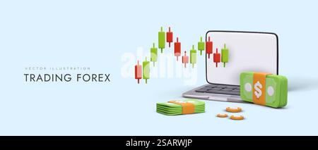 Forex-Handel. Karte mit grünen und roten japanischen Kerzen. 3D-Illustration mit Laptop, Geld, Online-Börsenhandel. Maklerdienste. Werbung für Finanzseiten. Forex-Handel. Karte mit grünen und roten japanischen Kerzen Stock Vektor
