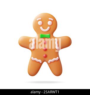 3D Holiday Gingerbread man Cookie. Plätzchen in Form eines Menschen mit farbiger Zuckerguss. Frohe Neujahrsdekoration. Frohe Weihnachtsfeiertage. Neujahr und Weihnachtsfeier. Realistische Vektordarstellung. 3D Holiday Gingerbread man Cookie Stock Vektor