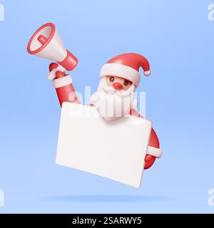 3D-Weihnachtsmann mit Megaphon und Grußbanner. Weihnachtswerbung Für Weihnachtsaktionen Anzeigen. Neujahrsdekoration Weihnachtsfeier Weihnachtsfeier. Realistische Vektordarstellung. 3D-Weihnachtsmann mit Megaphon Stock Vektor