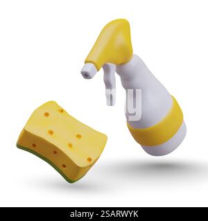 Chemikalienreinigungsflasche und gelber Schwamm. Reinigungsmittel für die häusliche Pflege. Hausreinigungswerkzeuge Konzept. Vektorabbildung im realistischen 3D-Stil. Chemikalienreinigungsflasche und gelber Schwamm. Reinigungsmittel für die häusliche Pflege Stock Vektor