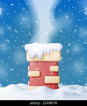 3D Weihnachtsziegel Kaminrohr auf Schneedach. Rohrhausteil in Winterlandschaft rendern. Cartoon Dach Kaminofen Heizmethode Konstruktion. Neujahrs- und Weihnachtsdekoration. Realistische Vektordarstellung. 3D Weihnachtsziegel Kaminrohr auf Schneedach. Stock Vektor