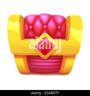 Geschlossene goldene Schatzkiste mit Rubin isoliert auf weißem Hintergrund. Spielikone im Cartoon-Stil. Piratenbrust mit goldener Box und rosa Samt mit Streifen. Vektorabbildung EPS10 Stock Vektor